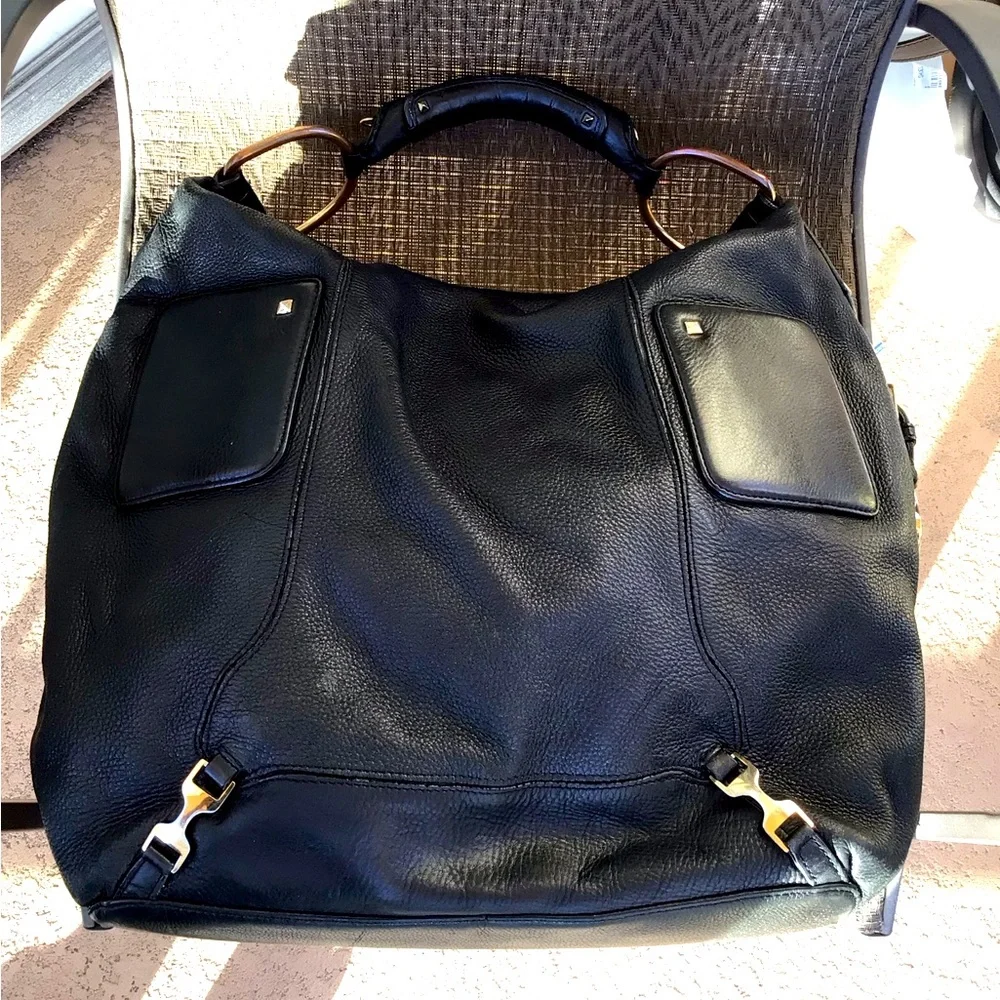 Ann Taylor Black Leather Studded Large Hobo Shoulder Bag